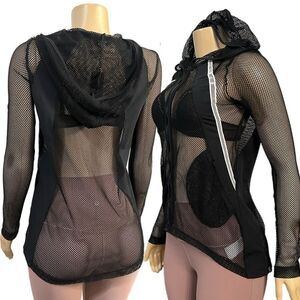 Bebe Hi Low Sexy Mesh Hoodie Jacket long sleeve Full zip Jacket black Small